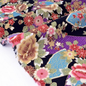 Tissu japonais lin coton traditionnel fleuri multicolore doré fond noir x50cm 