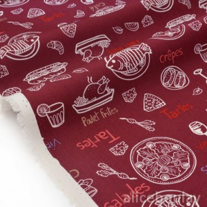 Tissu japonais fine toile coton souple thème fraiçais fond bordeaux x 50cm